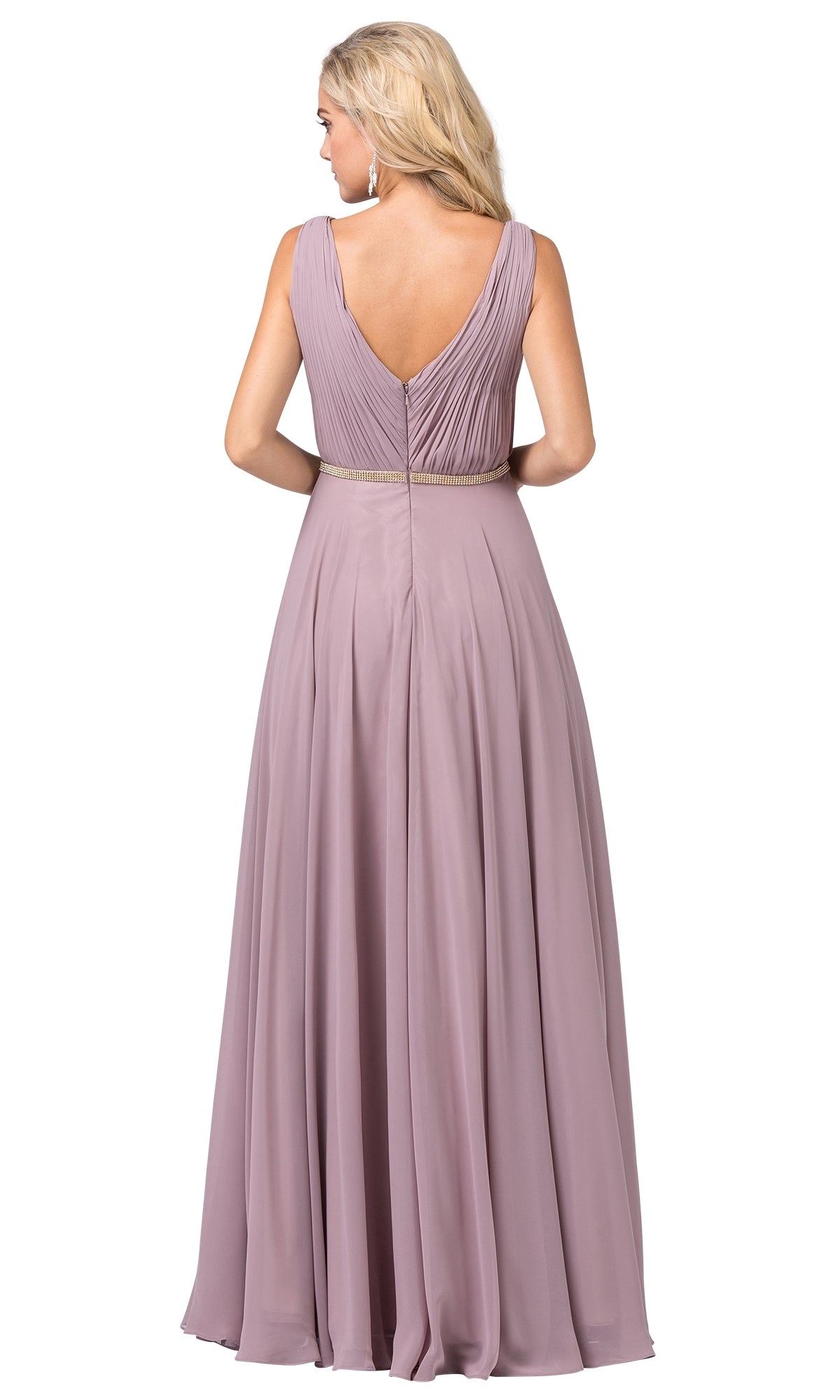 A woman with blonde hair models the Illusion-Sides Long A-Line Prom Dress with Pleats—a sleeveless, floor-length mauve gown with a pleated bodice, V-back, and beaded waistband—standing with her back to the camera.